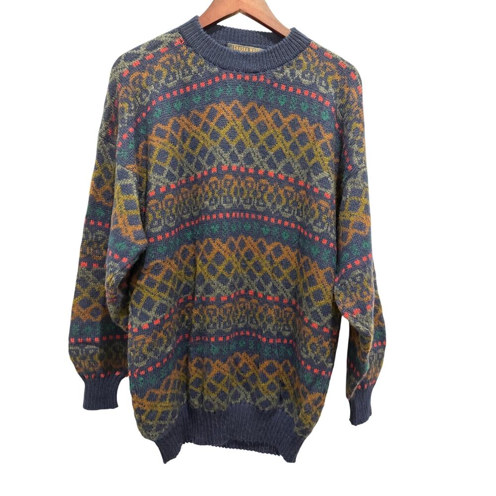 CHASKA WASI Men’s Vintage 100% Alpaca Fair Isle Hand Knit Print Sweater XL
